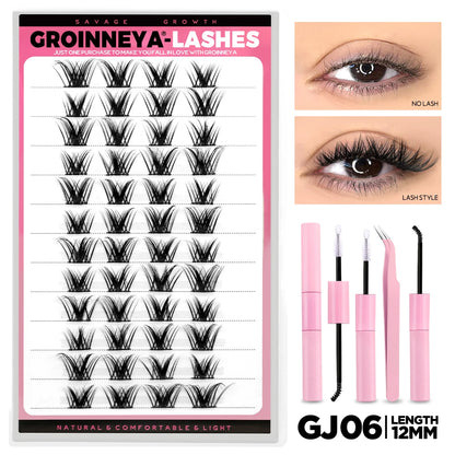GROINNEYA Lash Clusters Kit DIY Lash Extension Volume Waterproof Individual Lashes Clusters Kit Lash Bond & Seal & Lash Tweezers