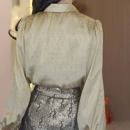 Office Lady Elegant Ruffles Patchwork Shirt Spring Autumn Fashion Sequined Female Clothing Lapel Commute Single-breasted Blouse