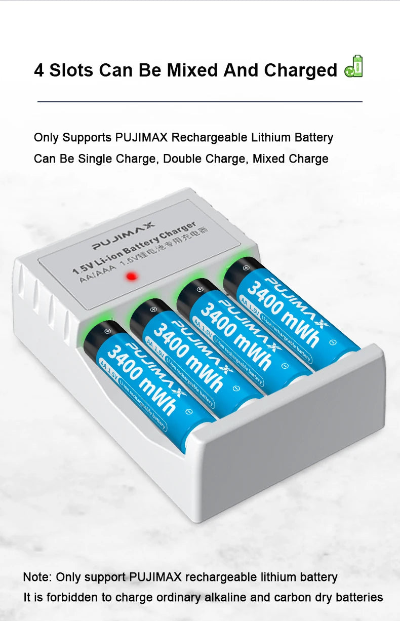 4 Slots 1.5V Rechargeable Lithium Battery Charger For AA Lithium Battery Large Capacity Rechargeable Li-ion Battery With Cable