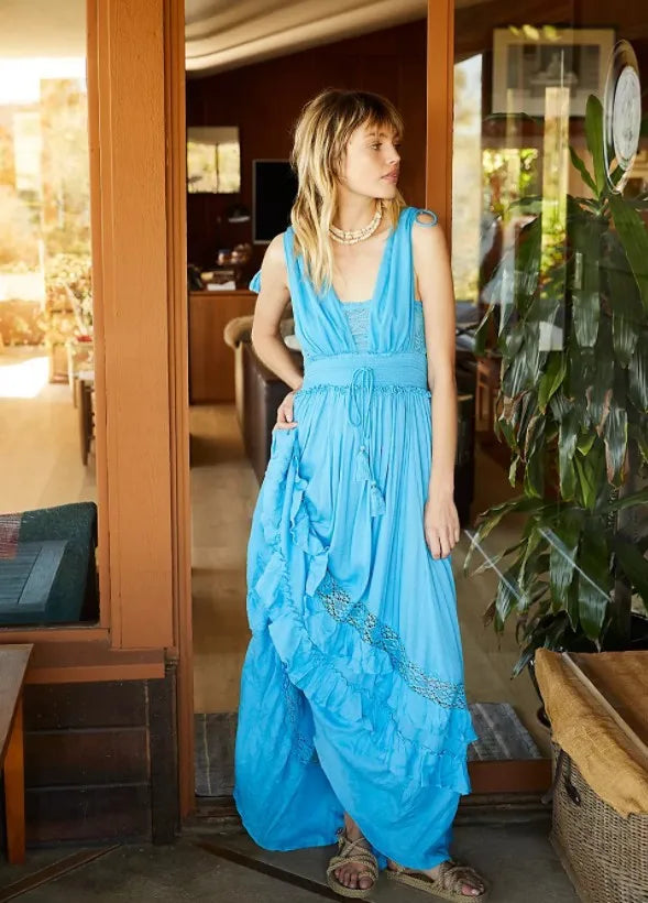 canwedance Summer Beach Dress Sleeveless Cotton Maxi Dresses Boho Style Solid Color Lace Ruffled Sundress Mujer Vestidos