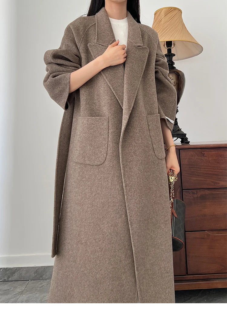 Office Lady Woolen Jackets 2024 Autumn And Winter Bathrobe Style Pocket Double-Sided Loose Lace -Up Tie Women's Long Wool Coats