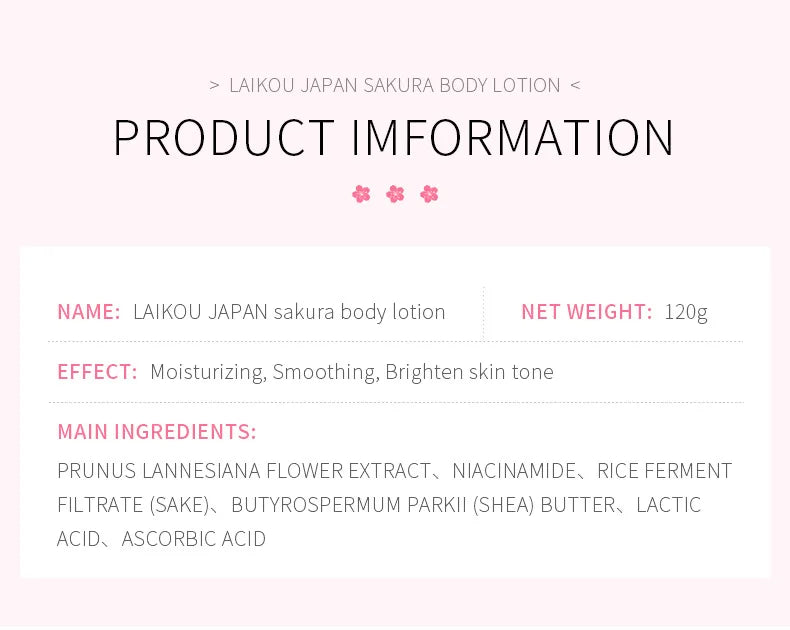 LAIKOU Cherry Blossoms  Body Lotion Refreshing skincare Exfoliating Moisturizing Nourishing Brightening Body Creams 120g