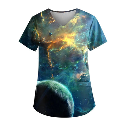 Scrubs Women Graphic with Pockets Short Sleeve Nurse Uniform Scrubs Tops Graphic Print Plus Size Work Clearance Scrub Shirts Sky