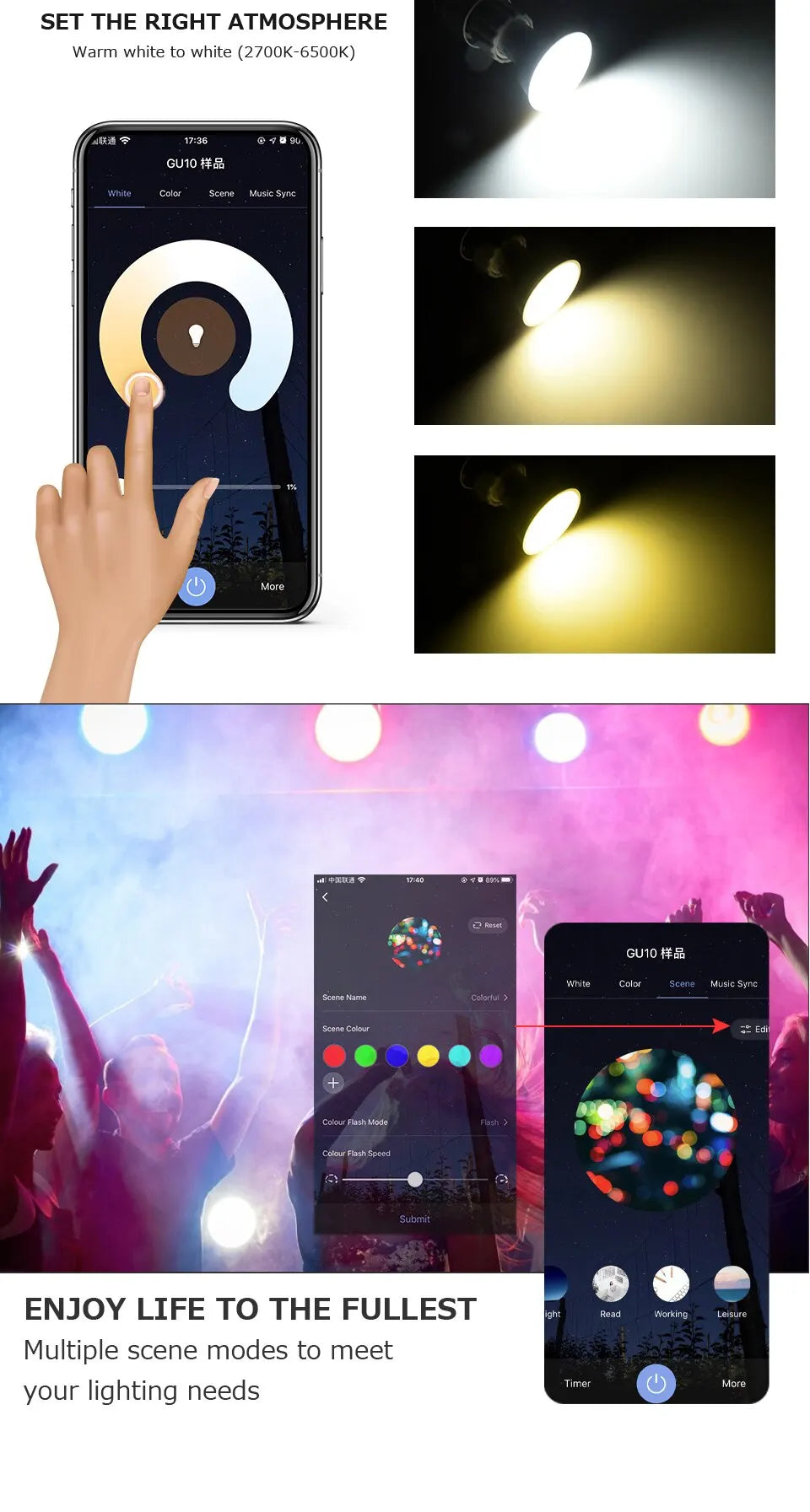 GU10 Bluetooth Lamp Tuya Smart Bulb RGB 220V Led Light Bulbs Smart Led Bulb APP Control Lamp 9W Dimmable For Room Home Decor