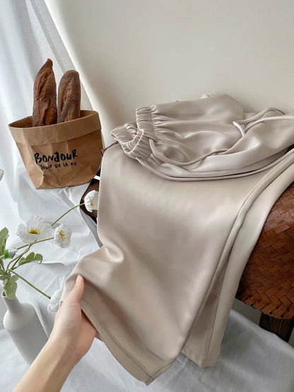 Women’s Satin Wide Leg Pants High Waist Drawstring Palazzo Pants for Work, Lounge, or Casual Wear