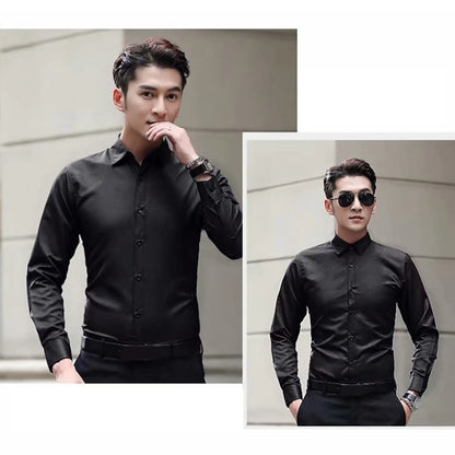 New Men\'s Long Sleeve Drill Button Shirts Tight Business Formal Social Wrinkle Lapel Casual Solid Simple Fashion Male T-shirts