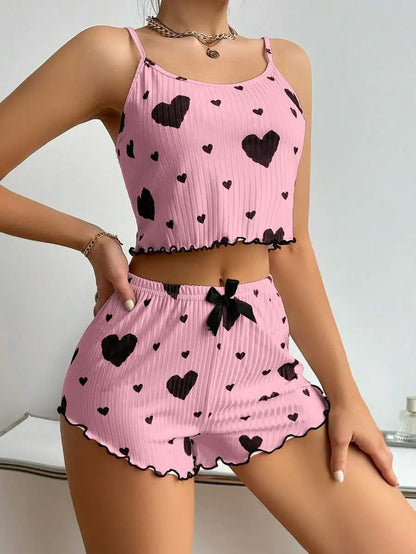 Women’s 2PCS Heart Print Pajama Set, Sleeveless Crop Top and Shorts, Soft Comfy Sleepwear Loungewear for Summer Nightwear
