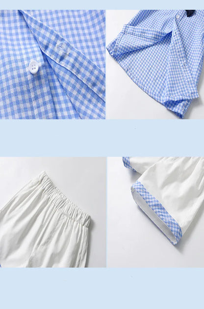 Summer Baby Boys Birthday Clothes Set Children British Style Blue Plaid Shirt with Pants Infants Top Shorts and Bow Kids Outfits