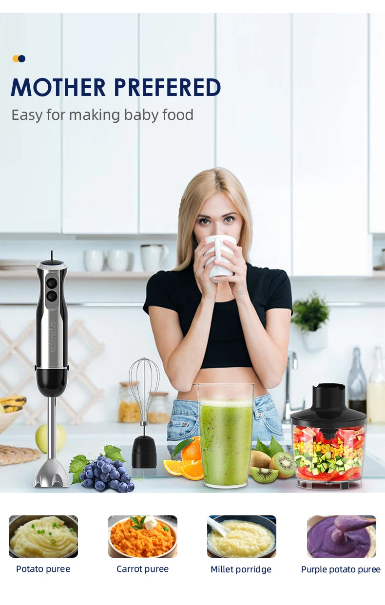 Wancle 1000W Immersion Hand Blender 4 in 1 Powerful Stick Blender Mixer 16 Speeds Adjustable for Protein Shakes Whipped Cream