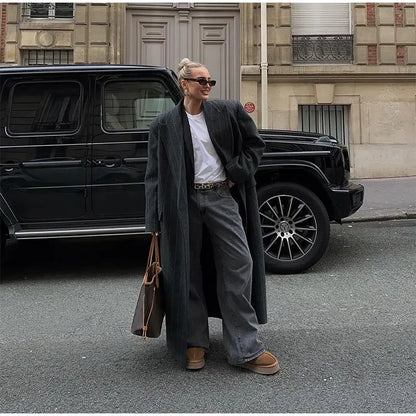 Retro Striped Lapel Woolen Long Coat Women Casual Loose Dark Grey Oversize Coats Female Winter Elegant Chic Outwear