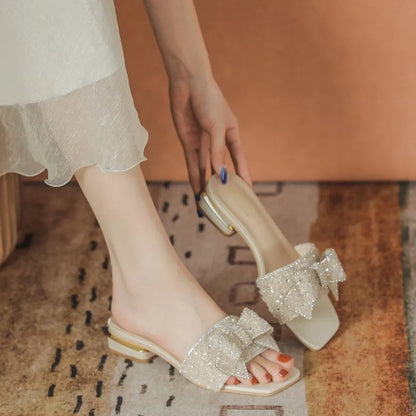 2023 New Chunky Heel Fashion Flat Ladies Rhinestone Slippers Womens Shoes Comfort Summer Peep Toe Shoes