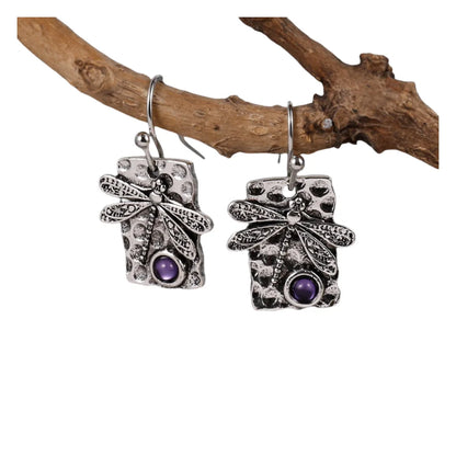 Amethyst Drop Earrings Boho Dragonfly Dangle Earrings For Women Unique Artisan Handmade Jewelry