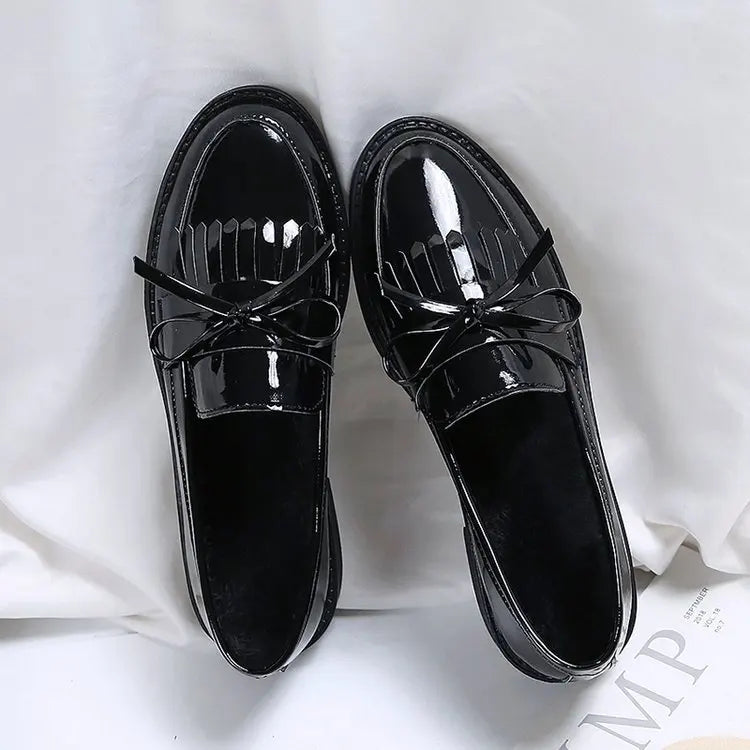 Womens Shoes Patent Leather Women Loafers British Tassel Casual Female Flat Shoes Bowknot Comfortable Small Leather Shoes