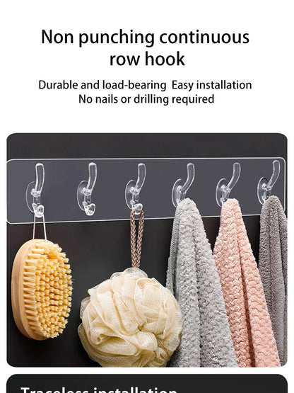 Transparent 6 Row Hooks No Trace Strong Hooks Sticky Rear Row Hooks for Hanging Towels Clothes and Coats Bathroom Accessories