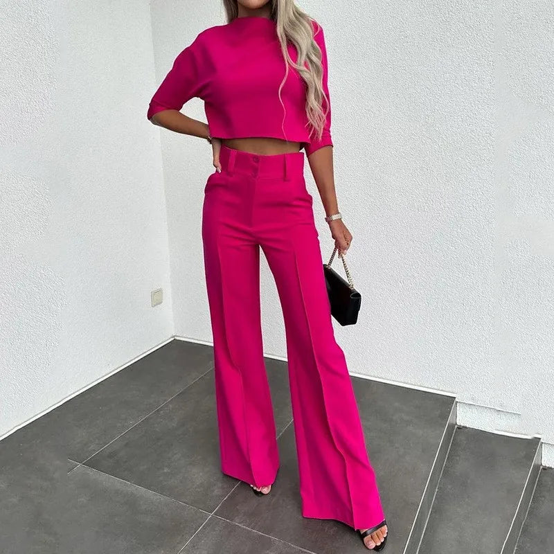 Elegant Office Lady Suits Fashion Solid Color Two Piece Set For Women Casual Crop Top+high Waist Pants Women's Sets 2024 Autumn