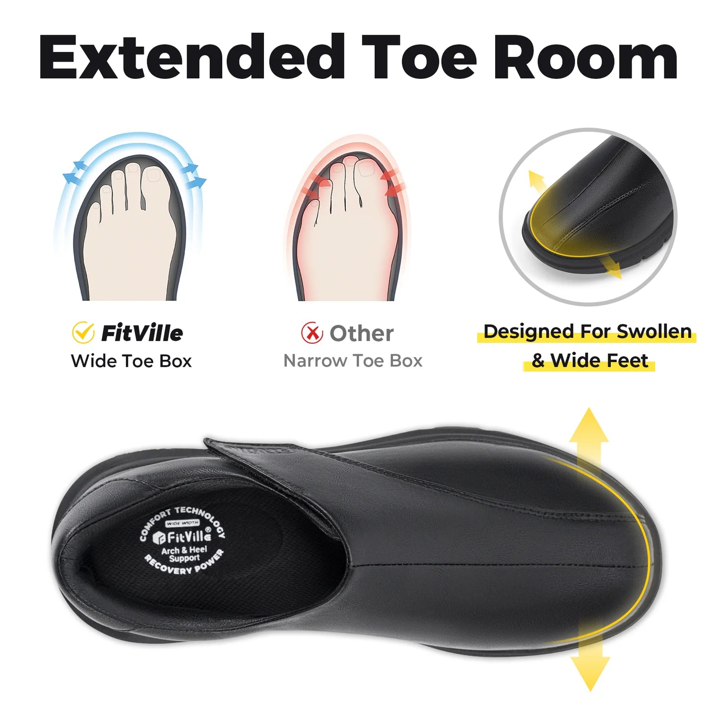 FitVille Men's Leather Shoes Diabetic Shoes Casual Oxford Shoes Adjustable Lightweight Formal Business Shoes for Swollen Feet