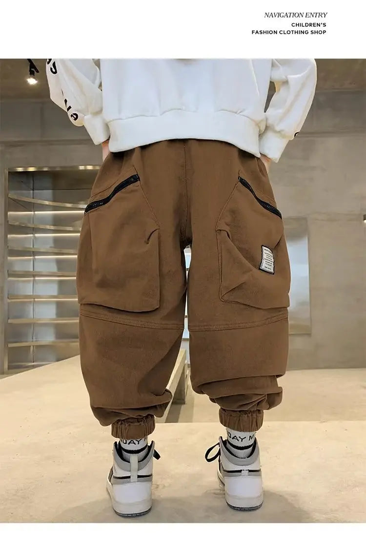 Boys Spring Autumn Children's Clothing Cargo Pants Children's Casual Large Size Sweatpants Boys Fashion Fake Zippers Cargo Pants