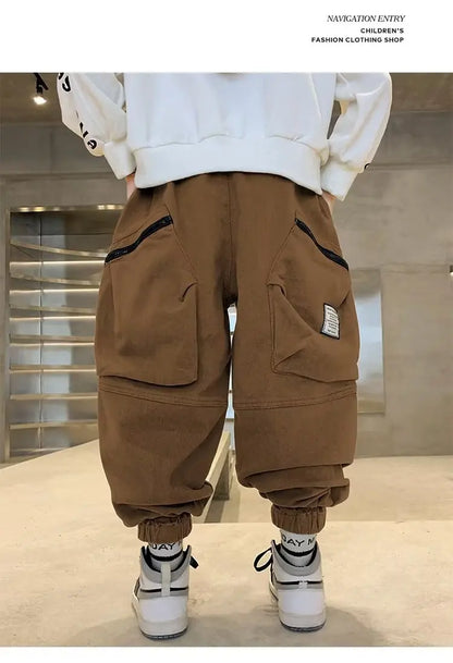 Boys Spring Autumn Children's Clothing Cargo Pants Children's Casual Large Size Sweatpants Boys Fashion Fake Zippers Cargo Pants