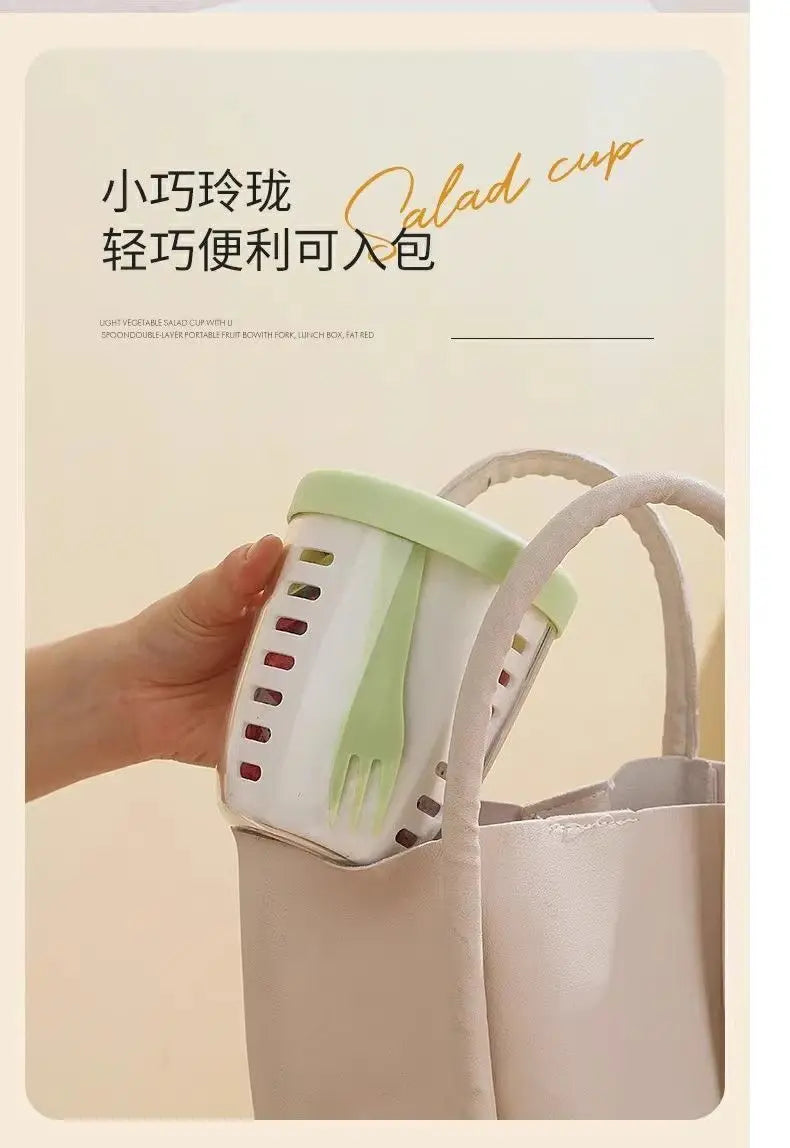 Salad Cup With Fork Cylindrical Plastic Fruit Cup Multifunctional Drainage Function Salad Container, Portable Lunch Box