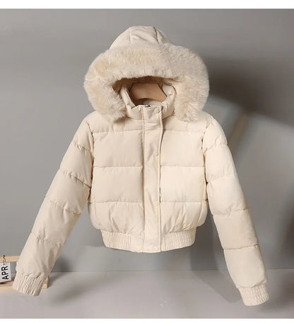 2024 Quilted Hooded Down Jacket Women's Winter Thick Cotton Coat Warm Bakery Coats Big Fur Collar Loose Cotton Coat