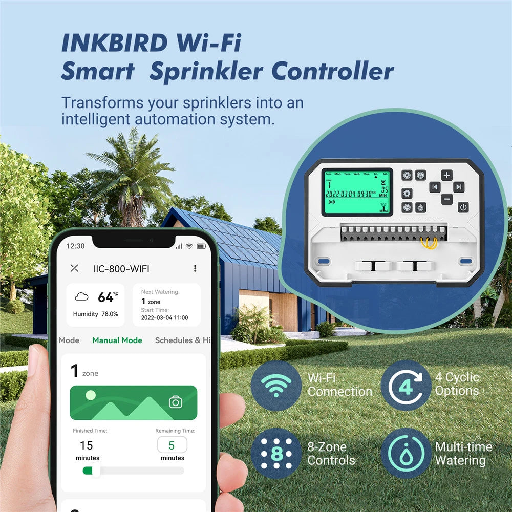 INKBIRD Wi-Fi Smart Sprinkler Controller 8-Zone Watering Irrigation Timer With Free App Monitoring Seasonal Adjustment Rain Skip