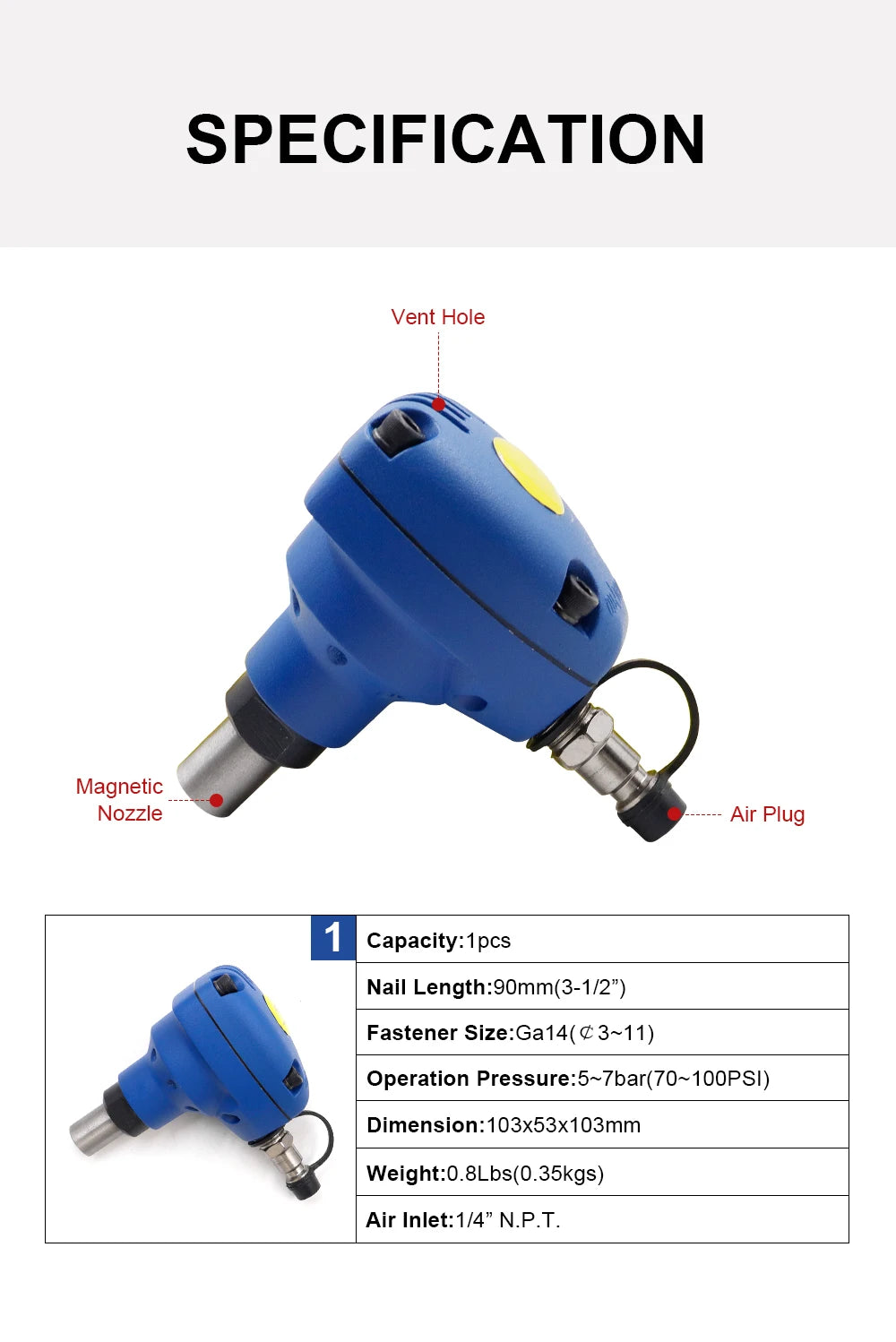 Pneumatic Palm Nailer MSN90 Lightweight Mini Air Palm Nailer for Tight Spaces WoodWorking Impact Hammer