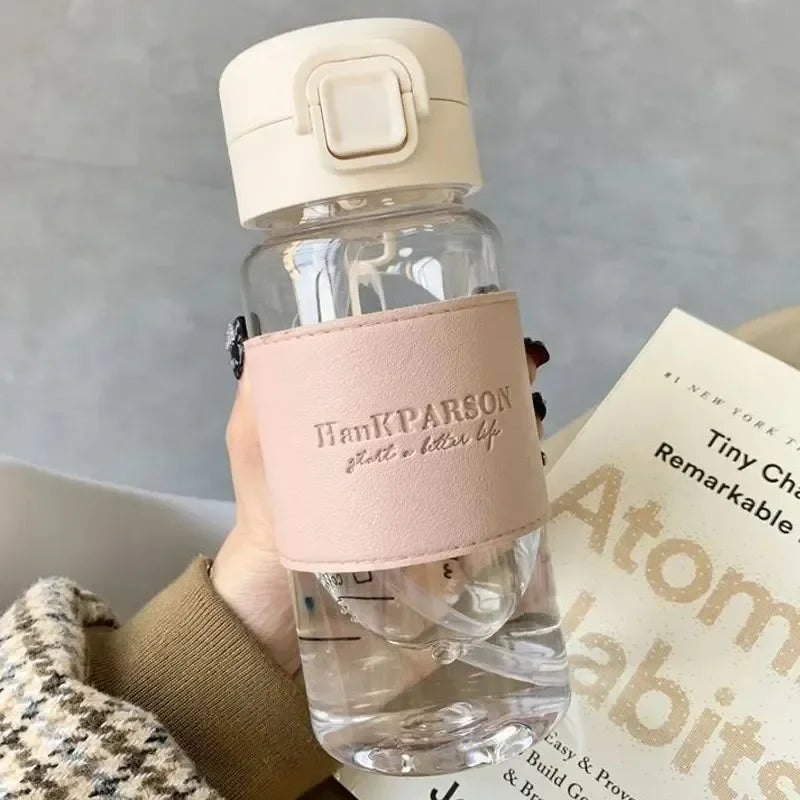 500Ml Portable Plastic Water Bottles with Straw Anti-scalding Leather Case Non-leaking Cute Bottle Outdoor Drinkware