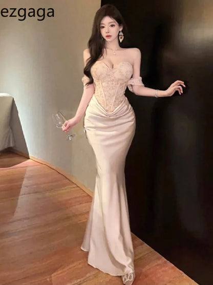 Ezgaga Women Dresses Strapless Lace Patchwork Elegant Slim Backless Temperament Slim Sexy Ladies Mermaid Dress Party Cocktail