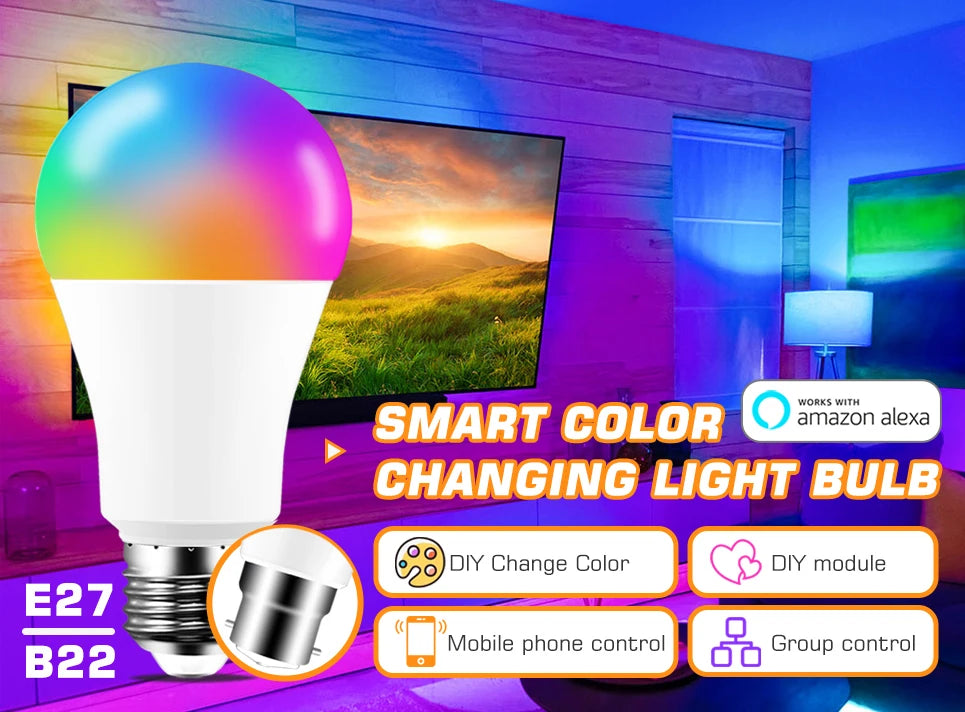 LED Smart Light Bulb, Color Changing Alexa Light, RGB Smart Lamp That Work With Alexa, E27 B22 Base,16 Million Colors,Dimmable