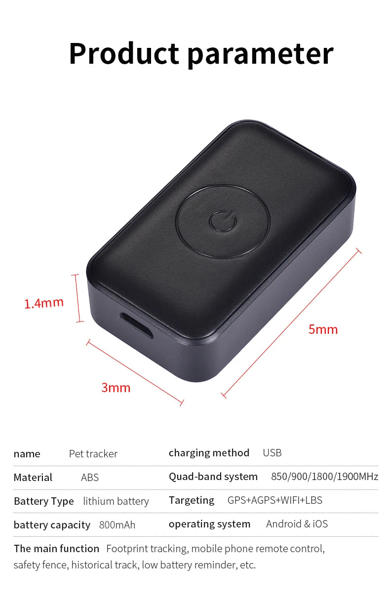 P03 Pet GPS Tracker RealTime Tracking Quadruple precise positioning App controlled for Dogs/Cats,Car, the elderly person Locator