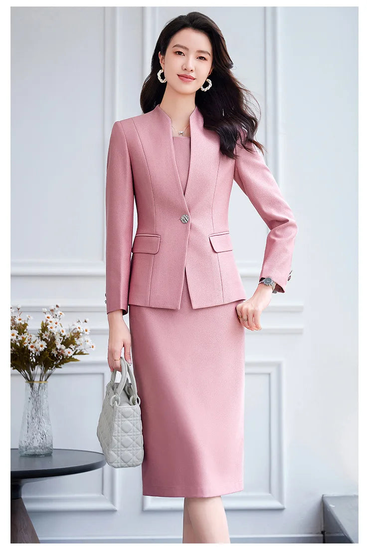 Office Suit Women Collarless Blazer + Vest Dress Set Executive Lady Workwear Elegant 2 Piece Set Long Sleeve Pink Suit Jacket