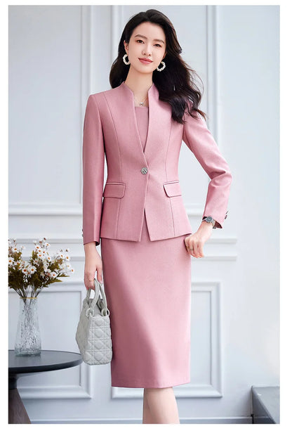 Office Suit Women Collarless Blazer + Vest Dress Set Executive Lady Workwear Elegant 2 Piece Set Long Sleeve Pink Suit Jacket