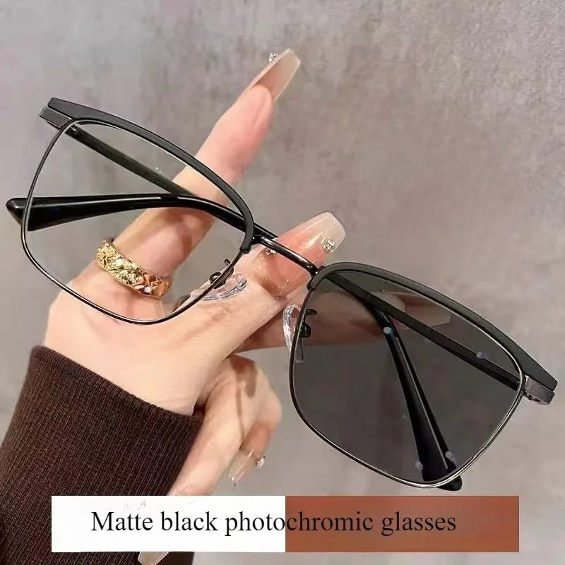 Photochromic Anti Radiation  Glasses  Korean Square Metal Men Women Eyeglasses Fashion Anti Blue Light Glass