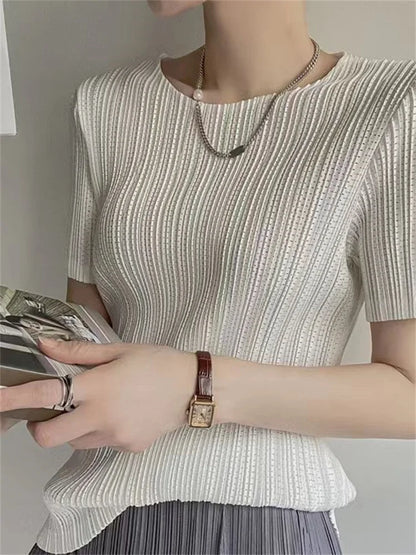 Woman Clothing  Top Women Miyake Pleated Short-sleeved Female Summer Thin Elastic Round Neck Joker Slim Pleated Hollow T-shirt