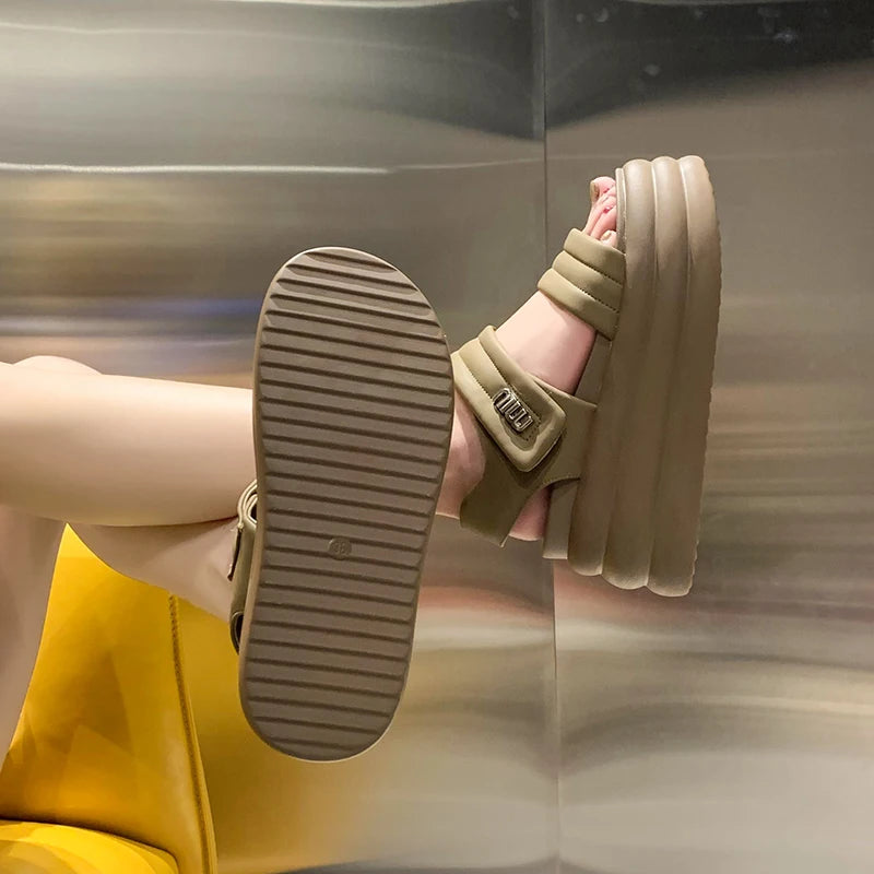 2025 Summer Women Chunky Sandals Leather High Platform Trainers Breathable Casual Slippers Shoes Woman 8.5CM Heels Wedge Sneaker