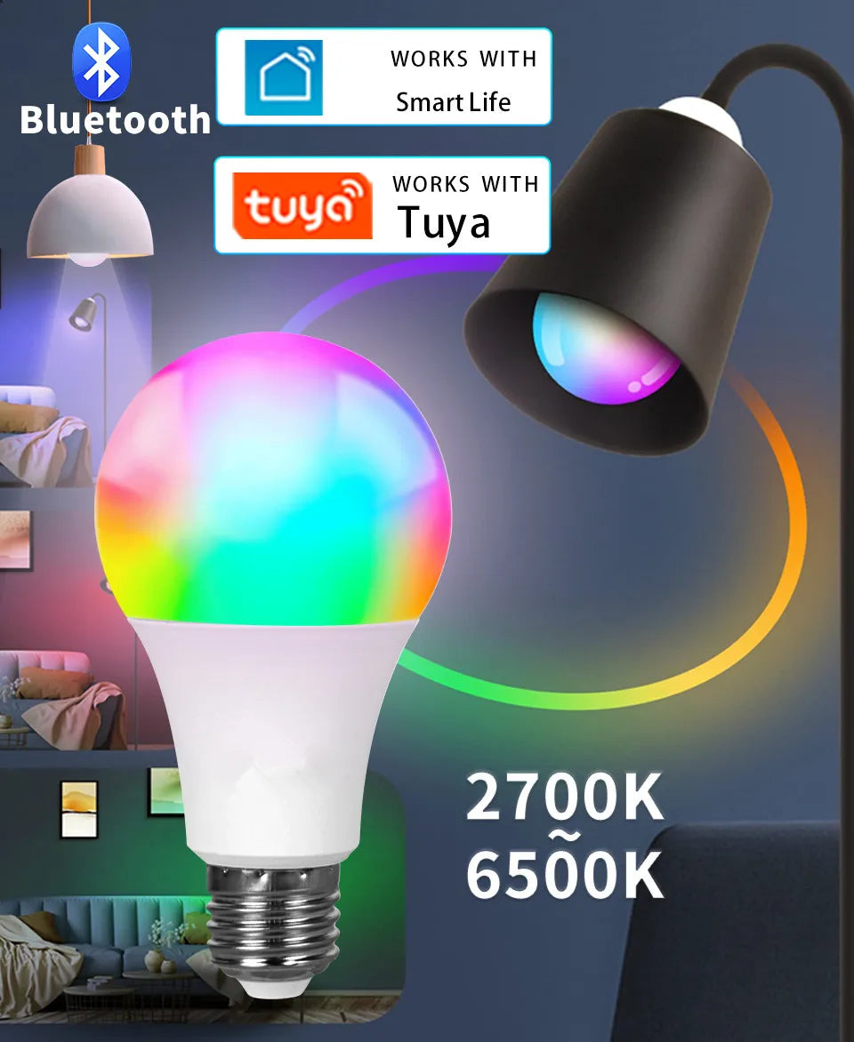 Tuya Smart LED Bulb E27 APP Control Dimmable Light Bluetooth RGB Lamp 220V Bedroom Decoration Party Lighting Smart Life