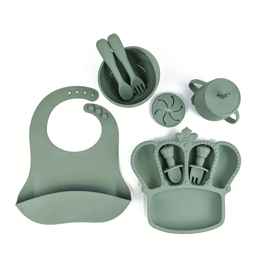 11pcs Silicone Baby Feeding Set: 1 Bowl, 1 Bib, 5-grid Plate, 2 Spoons & 2 Forks (Long & Short), 1 Cup with 2 Lids and 1 Straw