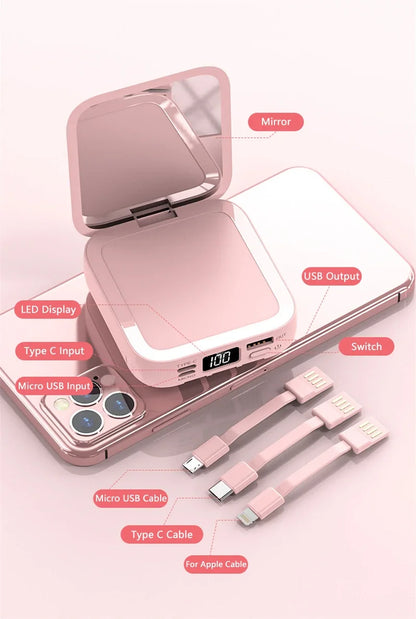 New Mini power bank 20000mAh with makeup mirror, fast charging, portable charger, power bank with cable, mobile phone power bank