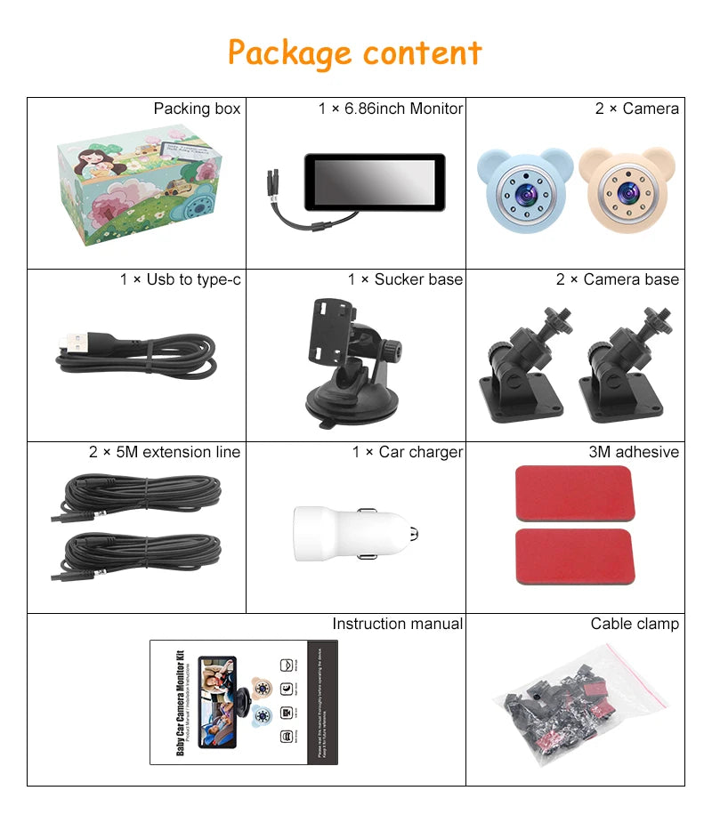 2 Camera Rear View Monitor 6.86'' IPS Screen Baby Car Mirror Wide View Angle for Infants Kids Pets Night Vision Function