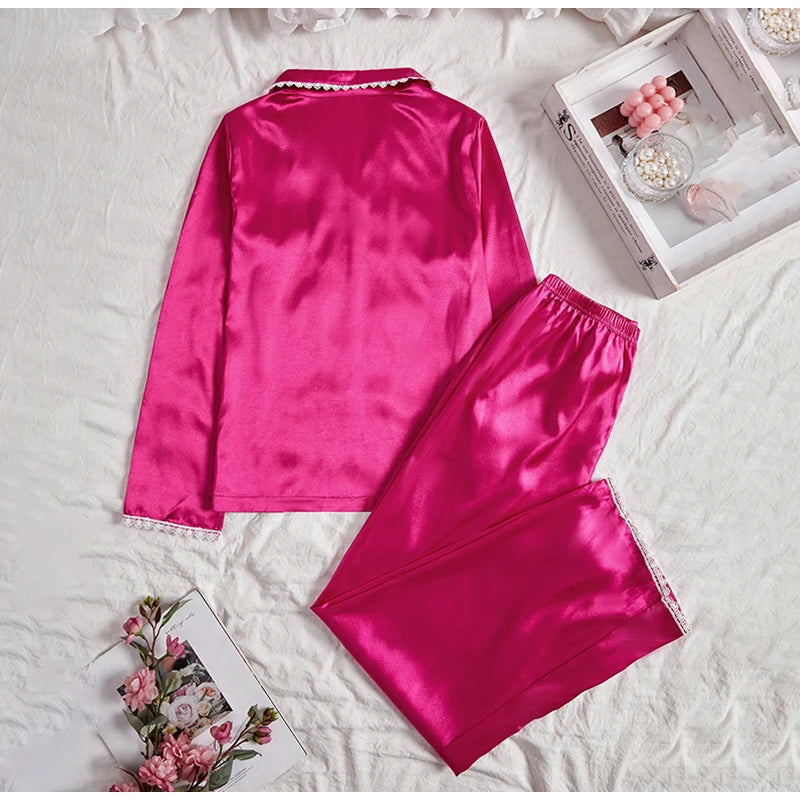 Women's sleepwear two piece set spring autumn satin long sleeved top long pants two piece set casual  comfortable home suit set