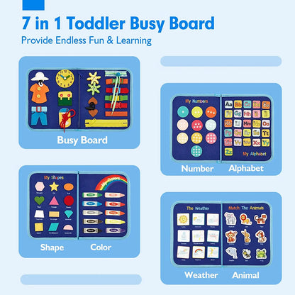 Toddlers Travel Busy Board for Boys Girls Montessori Toys for 2+ Year Old Preschool Learning Life Skill, Alphabet, Number, Shape