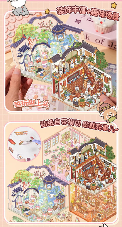 Cartoon 3D Chinatown Landscape Sticker Theater Pharmacy Restaurant DIY Pocket Cabin Scene Stickers Gift for Kid Child
