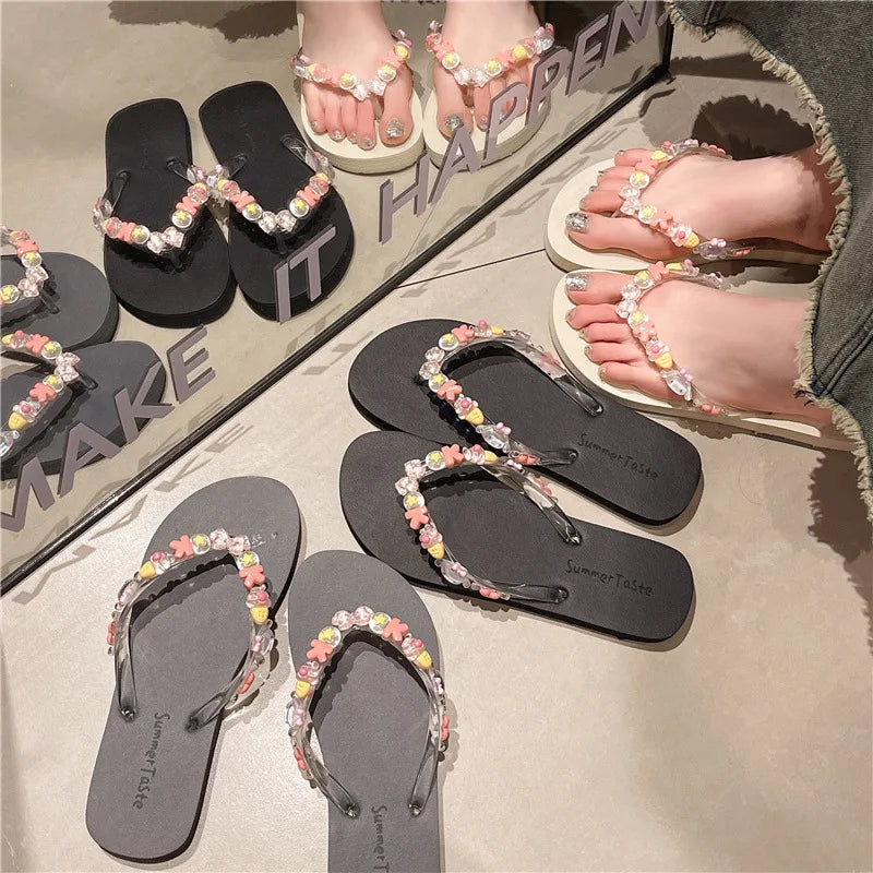 Flip-flops women's summer indoor beach shoes seaside wear eva cute bath transparent flowers non-slip