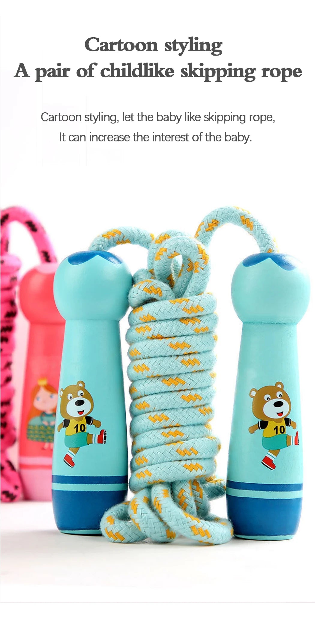 Children's Sports Adjustable Cotton Rope  Ropes Sport Fitness Lovely Cartoon Skipping Natural Wooden Handle Fillet Design