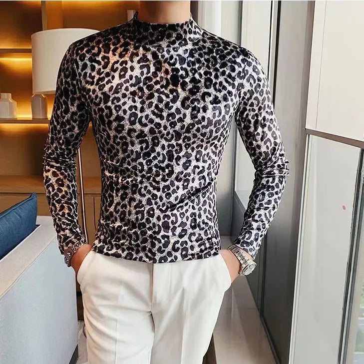 Mens T-shirt Long Sleeve Leopard Print Stretch Skinny Gym Shirt High Neck Base Shirt for Men