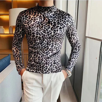 Mens T-shirt Long Sleeve Leopard Print Stretch Skinny Gym Shirt High Neck Base Shirt for Men