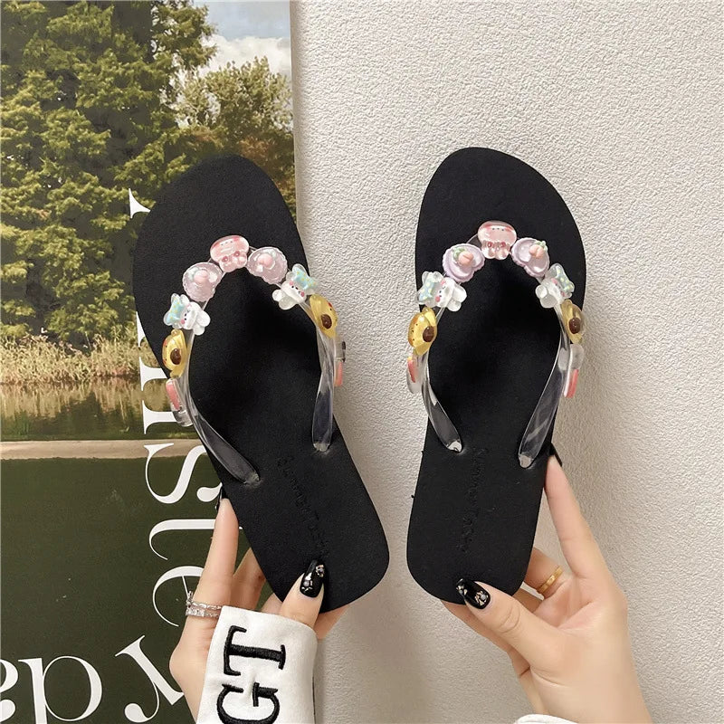 Flip-flops women's summer indoor beach shoes seaside wear eva cute bath transparent flowers non-slip