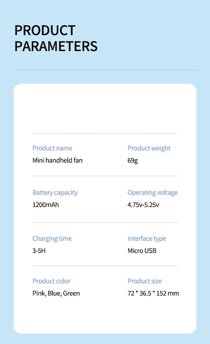 1200mAh Mini Portable FansHandheld USB Rechargeable Quiet Handheld FanAir cooler Outdoor Travel Hand Fans ventilation Fan