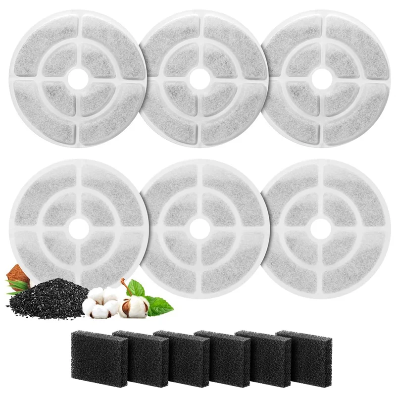 Replacement Cat Water Fountain Filters For 2.5Gal/9.5L Dog Water Fountain Activated Pet Fountain Filters And Sponges 6+6M12K