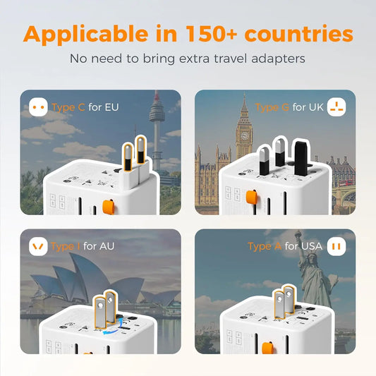 TESSAN Universal Travel Adapter with 2 USB 2 Type C Extra 2 Prong AC Outlet International Plug Adapter for US to EU UK AU Travel